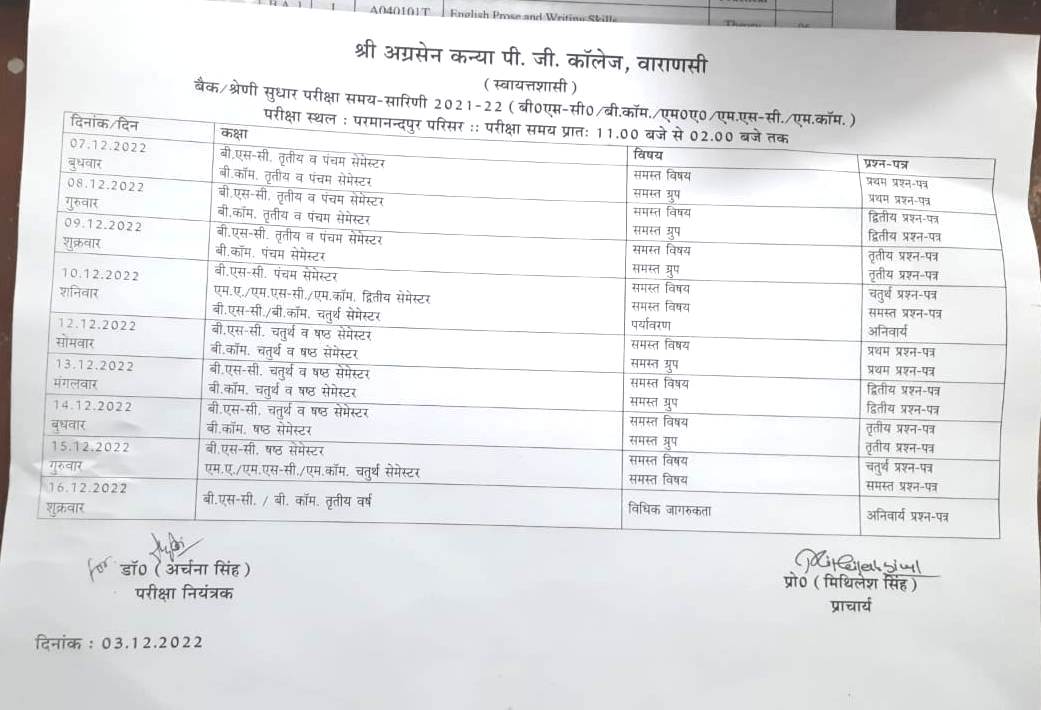 Exam Improvement Time Table 2021-22 (B.Sc, B.Com., M.A., M.Sc. M.Com ...